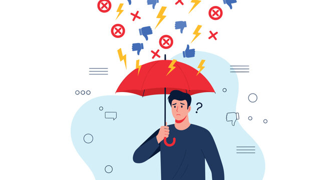 Protecting your brand reputation during crisis with a red umbrella against criticism, negativity, and social media backlash metaphor