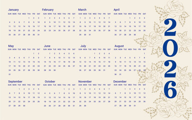 Elegant 2026 Yearly Calendar with Floral Accents