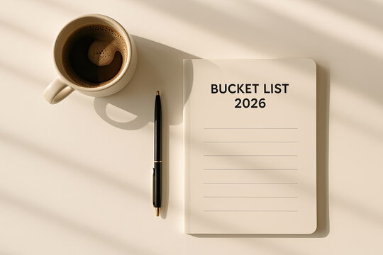 Writing a bucket list with coffee on a sunny table for goals in 2026
