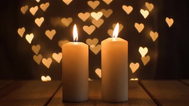 Romantic Ambiance With Burning Pillar Candles on a Wooden Table Creating a Warm Glow