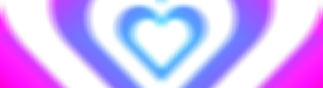 Fractal glowing heart background. Gradient design in white, blue, purple, and magenta tones. A bright digital halftone pixelated pattern. Kawaii cute cartoon anime style. Wide panoramic web banner