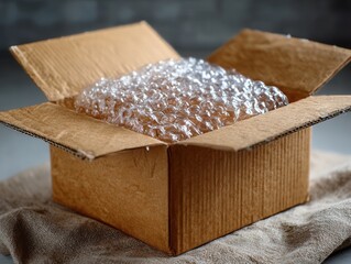 Cardboard box with bubble wrap inside sits on a soft cloth amidst a blurred background showcasing a simple and organized packing setup