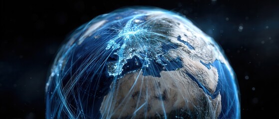 Blue hologram of Earth displaying data lines and global connections in a digital landscape featuring vibrant network activity