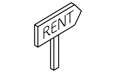 Simple line art isometric illustration with arrows for real estate purchase and rental, black and white