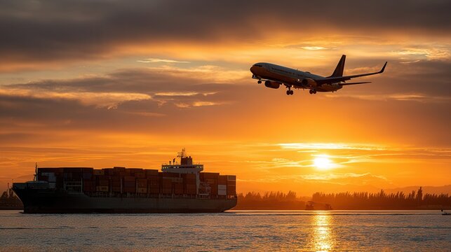 Airplane descends for landing near a large container ship on a globe at sunset with vibrant colors in the sky - Powered by Adobe