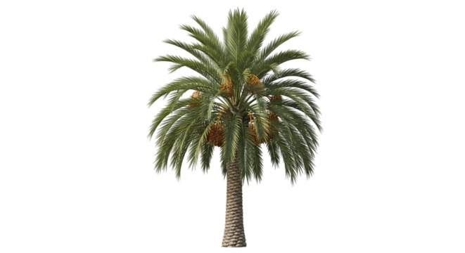 Mature Date Palm Tree with Clusters of Orange Fruit, isolated on a transparent background, cutout, PNG