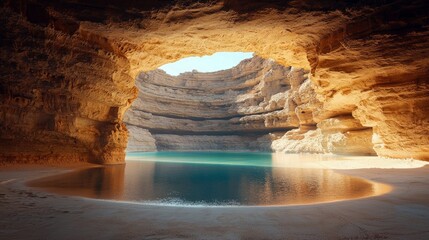 A breathtaking natural cave formation with a pool of clear turquoise water and a sandy beach, illuminated by warm, golden sunlight filtering from above.