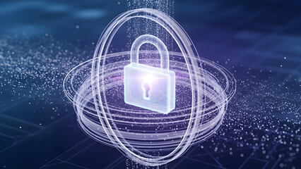 Digital Security Concept with Abstract Lock and Flowing Particles