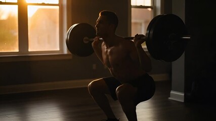 Intense workout session with a shirtless man squatting with barbell at sunset - Powered by Adobe
