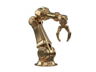 Golden robotic arm with gripper isolated on transparent background