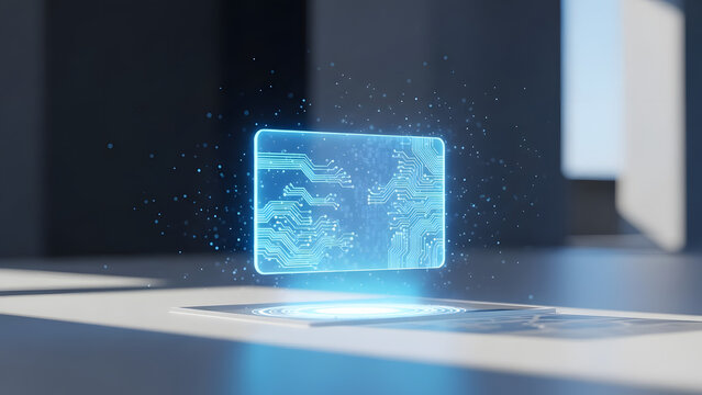 Futuristic holographic card with glowing circuit patterns in space