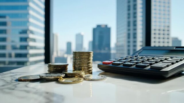 Financial calculator and coins with modern city skyline background