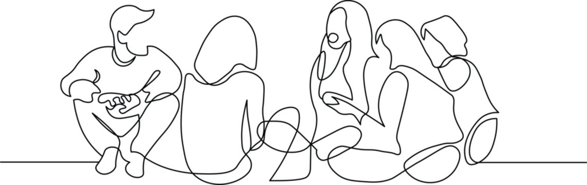 Friends gather enjoying each other's company in continuous line drawing, youthful group sharing moments, celebrating life's connections, friendship and camaraderie