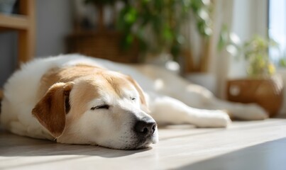 Relaxed sleepy canine lying on floor bathed in sunlight, defocused home background,