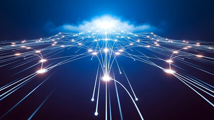 Futuristic Data Network Visualization with Light Trails and Clouds