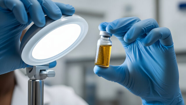 Scientist holding pharmaceuticals vial for quality control inspection