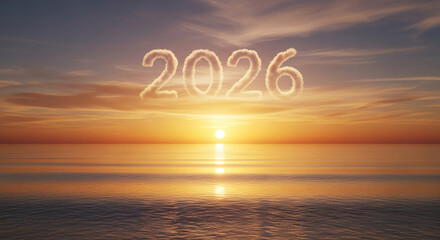 Seascape with cloud digits "2026" above calm water and a rising sun. It represents the upcoming year, new beginnings and horizon of possibilities