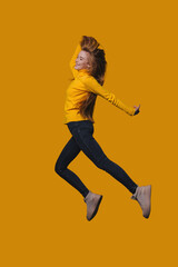 dynamic female figure expressing joy and movement, energetic young lady leaping joyfully in vivid...