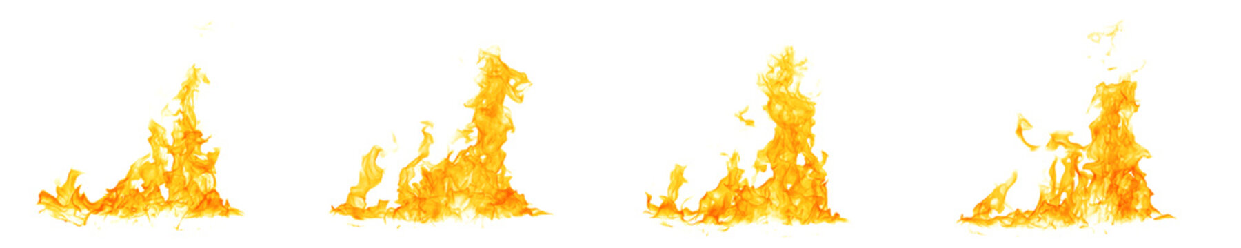 Realistic orange fire flames isolated on white background, showing dynamic burning motion and heat energy, ideal for graphic design, advertising, visual effects, and emergency safety concepts.