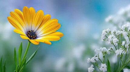 A vibrant yellow daisy stands tall with green leaves, contrasted by delicate white baby's breath flowers. The background is a soft, blurred bokeh of blue and gr