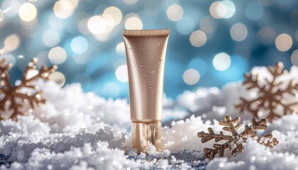 Luxurious skincare for winter radiance featuring golden tube with snowflakes and bokeh lights, perfect for holiday beauty promotions and seasonal self-care