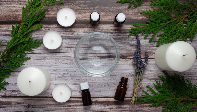 Create your own calming aromatherapy candles at home with essential oils, lavender, and fresh cedar boughs for a relaxing spa experience