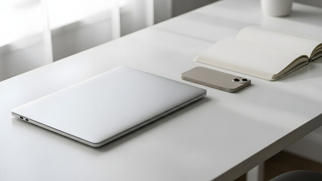 Sleek Workspace with Laptop, Smartphone, Notebook, and Natural Light