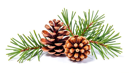 Fototapeta premium Pine cones and green needles arranged on white background 
