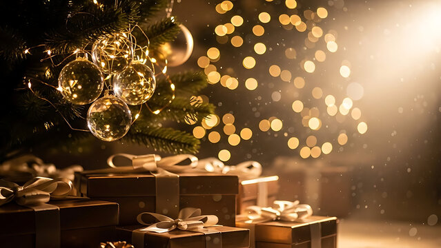 Christmas gifts under a sparkling tree with golden ornaments and bokeh lights for the holidays