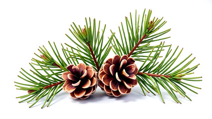 Fototapeta premium Pinecones with green pine needles on white background 