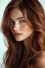 Naklejka premium Young woman with auburn hair, blue eyes and freckles against light background, showcasing natural beauty for cosmetic advertising.