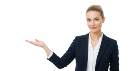 Businesswoman presenting something with her hand against black background