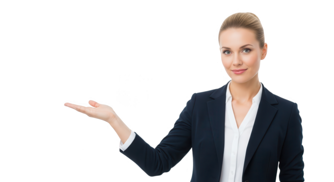 Businesswoman presenting something with her hand against black background