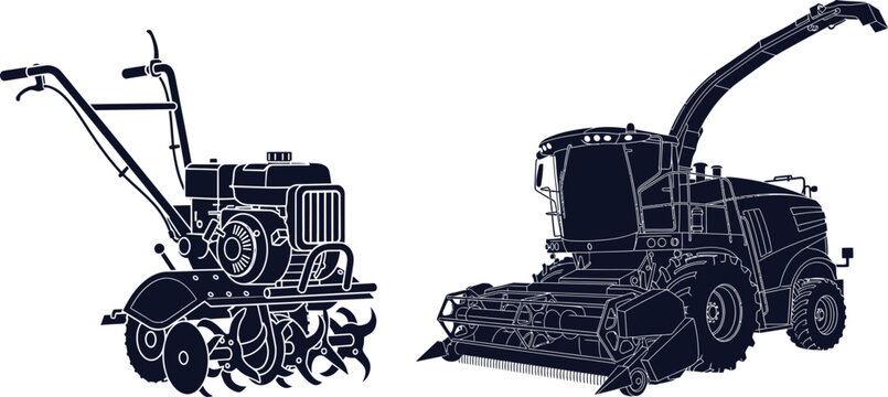 Tiller And Forage Harvester Silhouettes On White Background agriculture farming