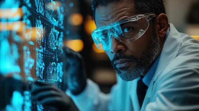 Scientist examines advanced technology in a research laboratory during the evening shift