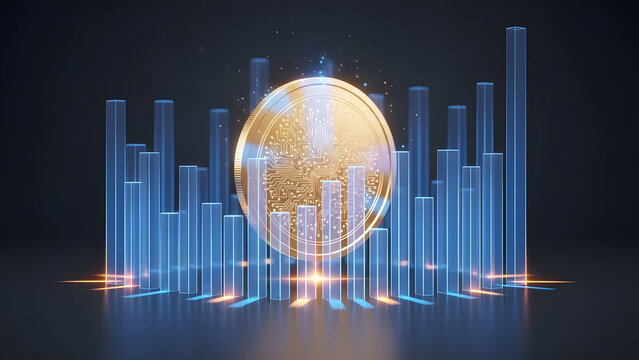 Modern Cryptocurrency Concept with Golden Coin and Data Bars