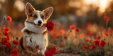 Welsh Corgi dog with red rose in mouth sitting in poppy field at sunset, romantic pet portrait for greeting cards and social media.