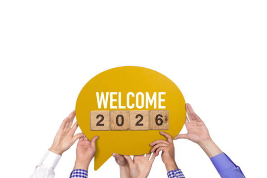 Diverse Hands Holding Yellow Speech Bubble Welcome 2026 Concept