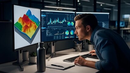 Dynamic software developer analyzing data and code on multiple monitors at night - Powered by Adobe