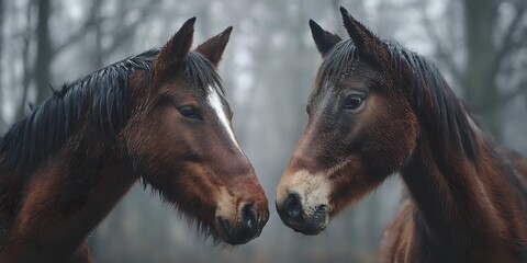 Two bay horses face to face in misty forest setting, creating intimate portrait of equine connection and companionship in natural environment.