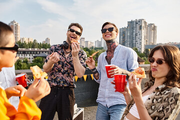 Friends enjoy a rooftop party filled with laughter, good food, and unforgettable moments