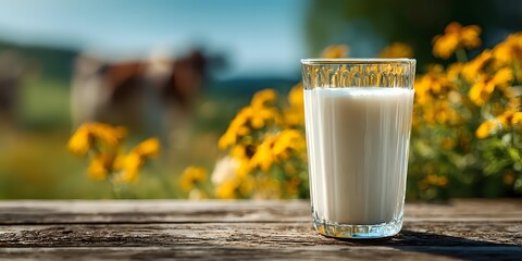 Fresh glass of milk on rustic wooden table with yellow wildflowers and farm animals in blurred background, showcasing natural dairy farming.