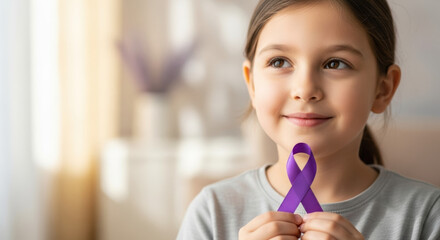 Child holding purple ribbon for Epilepsy Awareness Month, showing support and compassion. Ribbon promotes Epilepsy Awareness, and child’s gentle support during the campaign expresses concern.
