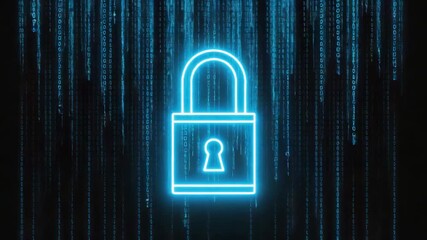 Glowing Neon Padlock Icon Against a Digital Binary Code Matrix Background security protection - Powered by Adobe