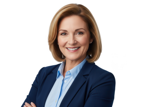 Portrait of a smiling woman in a blue suit with arms crossed on black
