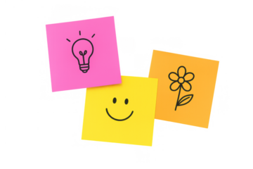 Colorful sticky notes displaying light bulb idea, smiling face, and flower drawings on a transparent background