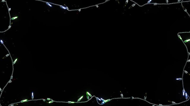 Christmas frame or new year frame with light bulbs blinking with alpha map for compositing. 4K loop animation.	