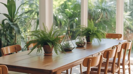 Botanical Dining Room with Wooden Table and Plants in Pots