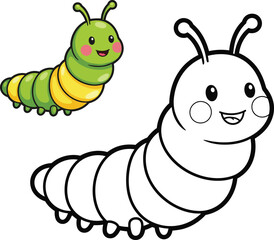 Cute cartoon caterpillar with a smiling face and segmented body shown in color and as a black and white outline for coloring.