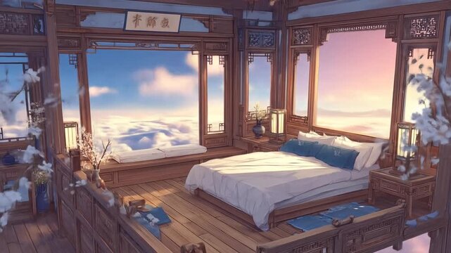 Anime style bedroom with clouds outside the windows artistic interior design